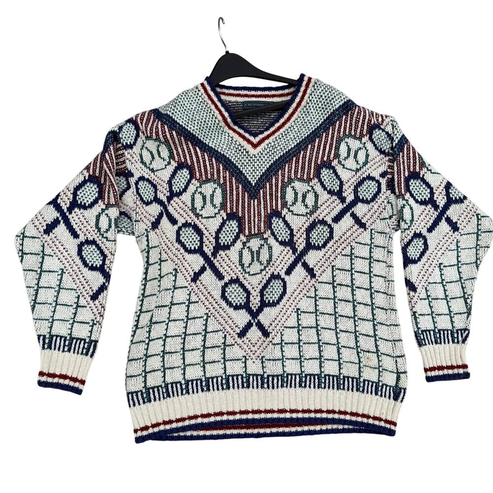 VTG RARE 100% Cotton Crossings V-neck Sweater Multicolor Large Tennis Design USA